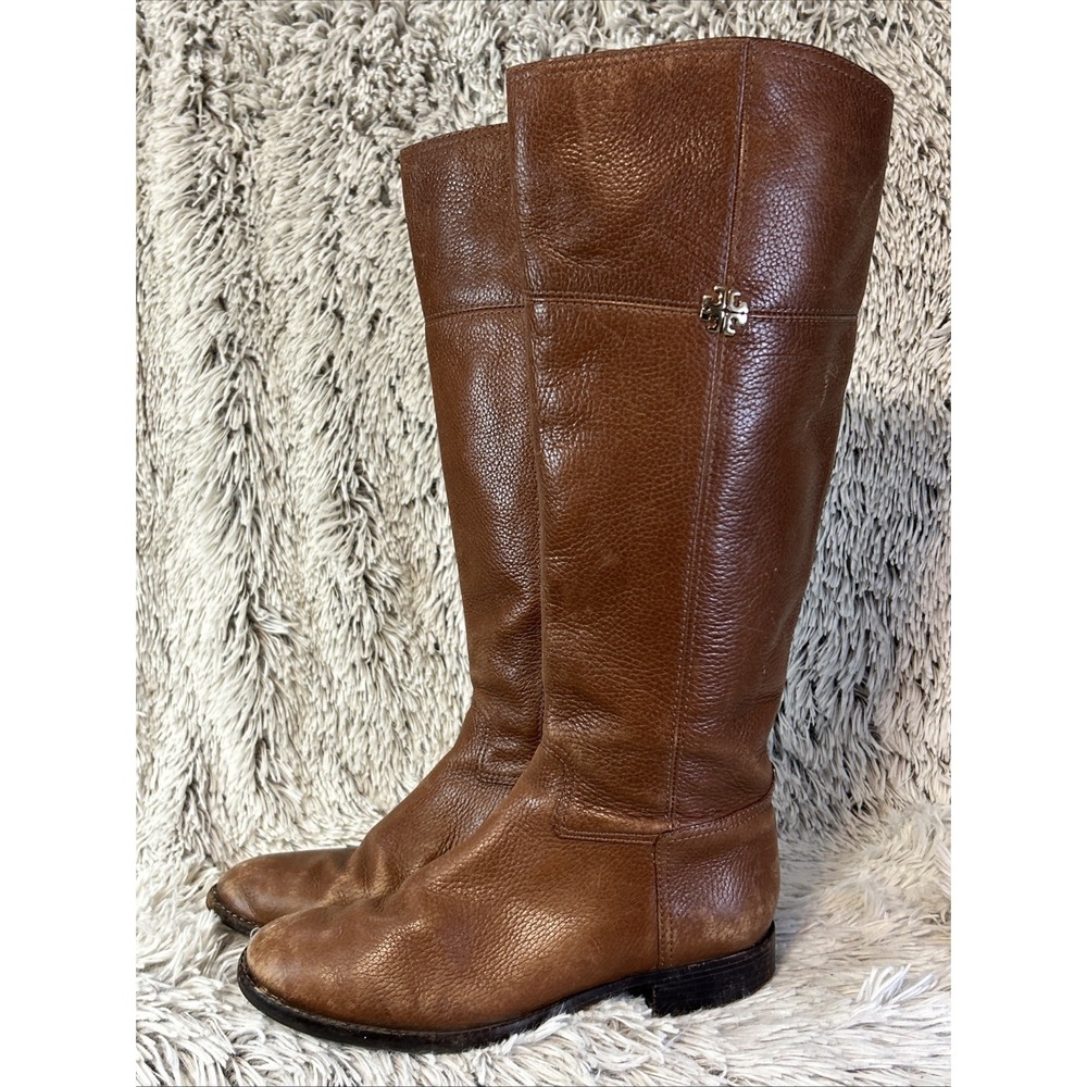 Tory Burch Jolie Tall Pebbled Leather Riding Boots Gold Logo Brown 7.5 Read